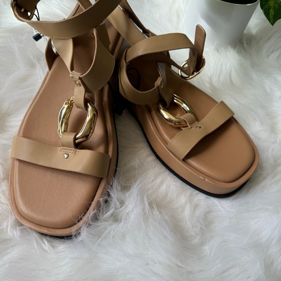 Zara Embellished Leather  Flatform Sandal Beige Size 7.5 - Picture 5 of 14